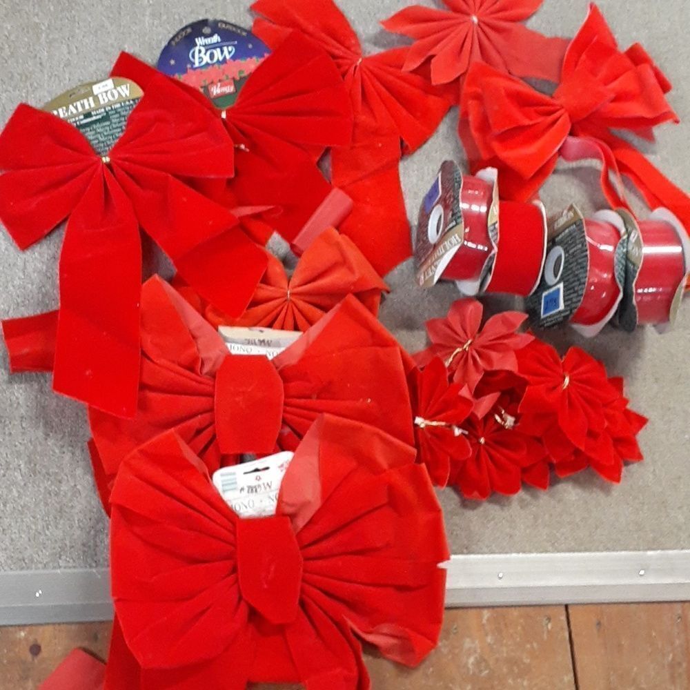 Mega lot of red velvet Bows, stars/poinsettias, spools of ribbon & more